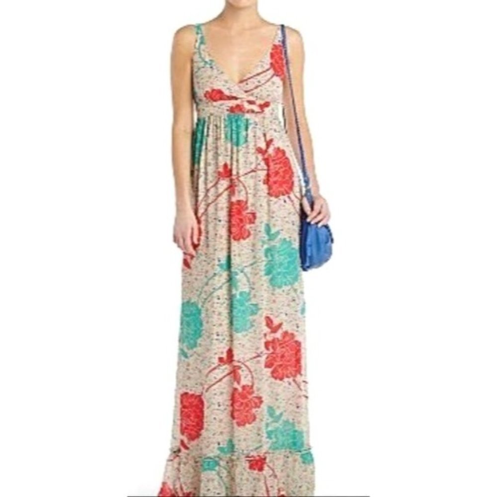 Mango Ivory Blue White Floral Print V Neck Sleeveless Fit And Flare Maxi Dress 8